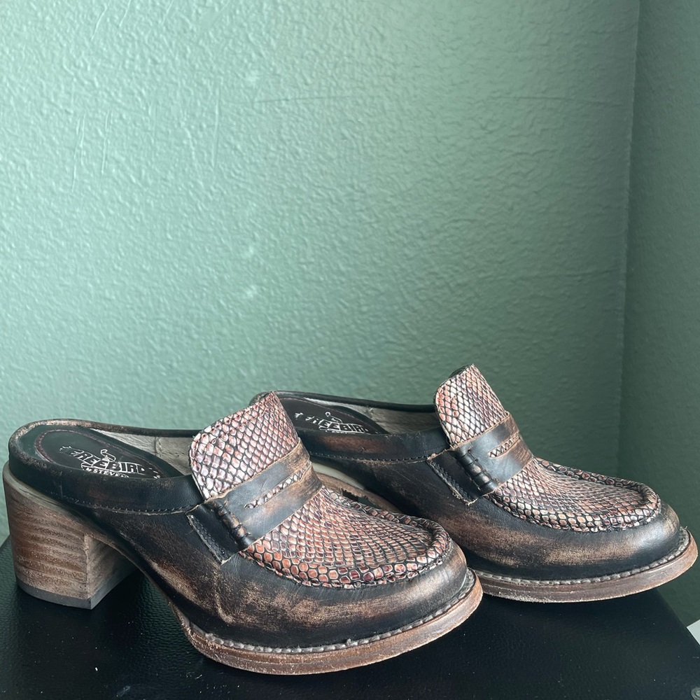 Freebird Collins Leather chunky mule brown snake